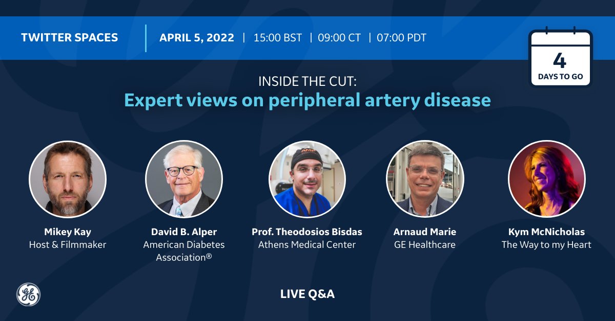 GEHealthCare's tweet photo. Four days to go ⏰ New practices are changing the lives of patients suffering from #peripheralarterialdisease. Join @MikeyKayNYC, alongside a panel of experts, to find out more about these new advances. 

Set a reminder: https://t.co/gOmyxrWfXn 

#InsideTheCut #OnTheFrontlines https://t.co/ltqEsegnAp