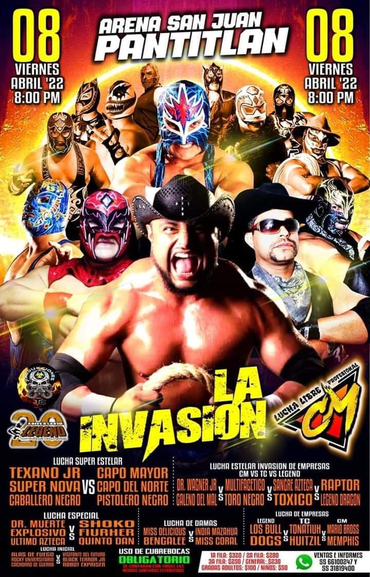 LaTijeraLucha's tweet image. Próximo viernes 0️⃣8️⃣ de abril #ArenaSanJuanPantitlan regresa el poder de #LuchaLibreCM con el reto de #LaInvasion:
🔥 Sangre y rancheros @ElTexanoJr, @supernovaindy y #CaballeroNegro 🆚️ #CapoMayor #CapoDelNorte #PistoleroNegro 
💣 Y grandes luchas más 
🎟 5️⃣5️⃣6️⃣6️⃣1️⃣0️⃣0️⃣2️⃣4️⃣7️⃣