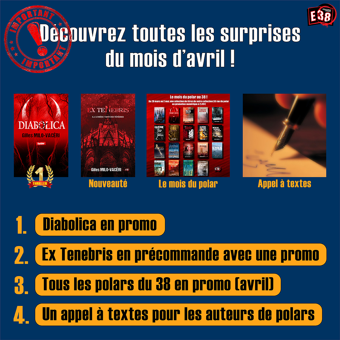 G_MiloVaceri's tweet photo. Attention, #Nouveaute et #Promotions ! Super prix sur précommande de mon prochain #Thriller, EX TENEBRIS - Diabolica en promo - Le mois du Polar et un #AppelATextes spécial #Polars - Toutes les infos ici https://t.co/Hc5KLQl9td - RT appréciés. Merci ! :)) https://t.co/umzNrFG3bF