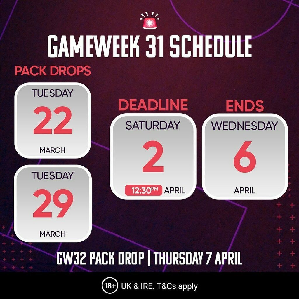 ToffeeTVEFC's tweet photo. GAMEWEEK 31 SCHEDULE
Play @UltimateFanuk today!
Open packs ๐ฆ
Trade cards ๐
#UFSquad
Download the game here โฌ๏ธ
https://t.co/i6J68MS9xU https://t.co/5xAeOAJaNG
