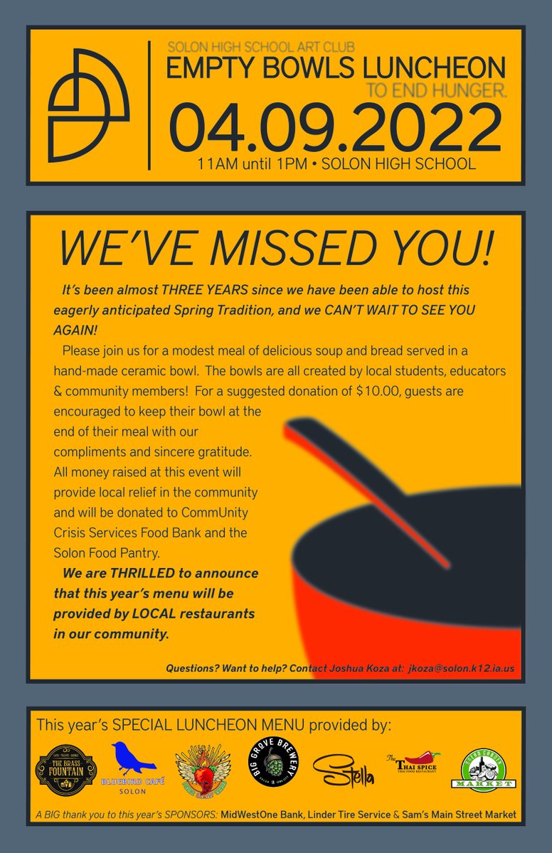 One week from tomorrow... WE ARE BACK!!
Join us on Saturday, April 9 at the Annual Solon High School Empty Bowls Luncheon to End Hunger
#SolonStrong #EmptyBowls #EndHunger #TheArtsMatter #ArtWithHeart

fb.me/e/2jpIvmc1L