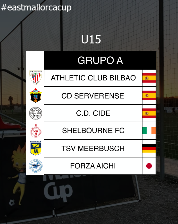 Grupos #eastmallorcacup 2022

Categoría U15 Grupo A (Son Servera/Sa Torre, Manacor):
<a href="/AthleticClub/">Athletic Club</a> 
<a href="/CdServerense/">CD Serverense</a> 
<a href="/CDCIDE/">CD CIDE</a>  
<a href="/shelsfc/">Shelbourne FC 🏆</a>
@tsv_meerbusch
<a href="/forza_aichi/">FORZA INTERNATIONAL</a> 

1️⃣2️⃣days to go!⚡⚡

más información:
eastmallorcacup.com

#Mallorca #fútbolbase #fútbolformatiu #youthfootball