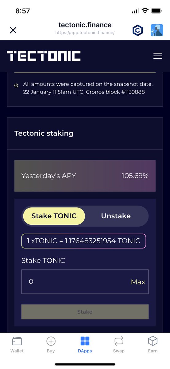 Samcivicx's tweet photo. APY is up today. Get some #tonic and start #staking for optimal rewards. https://t.co/rWDpg4oEqN
#TECTONICNATION #btc #cro #SHiba #lending #defi #crypto #crofam https://t.co/ufyWT8LEDj