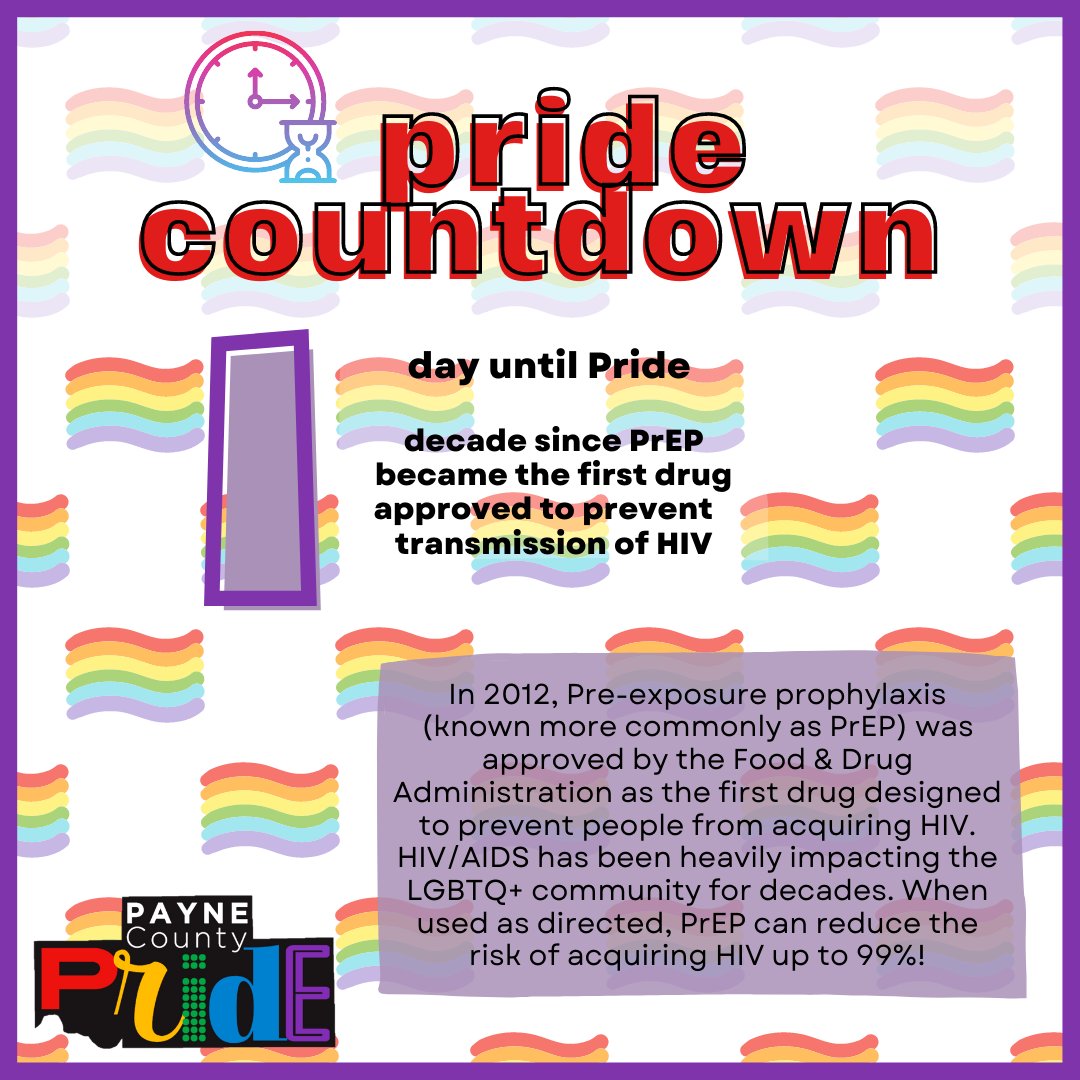PayneCoPride's tweet photo. 1 day until pride &amp; 1 decade since PrEP hit the market! Check in on your sexual health with our testing &amp; educational resources tomorrow at the Payne County Pride Parade &amp; Festival!⁠

#stillwaterok #paynecopride #okstate #visitstillwater⁠ https://t.co/2yBXETkrXa