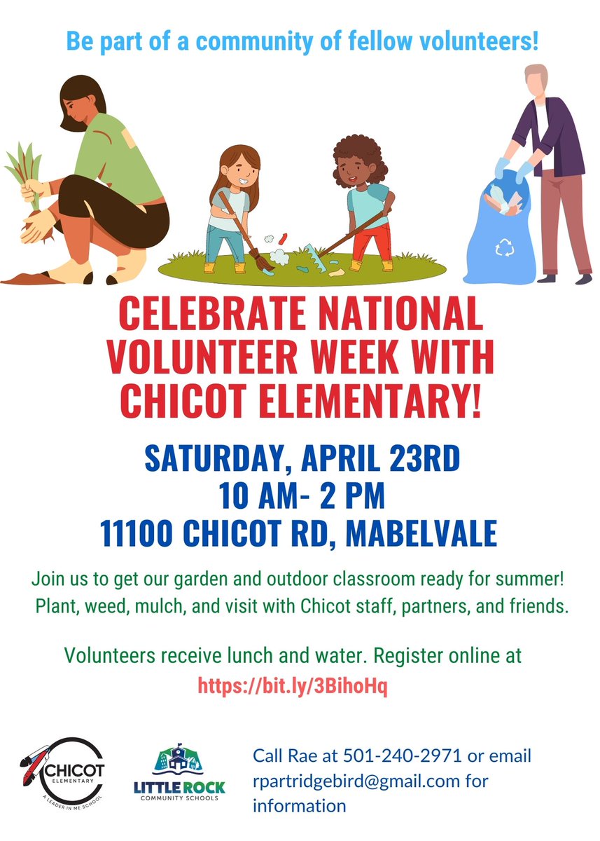 chicotlrsd's tweet photo. We can't wait to celebrate National Volunteer Week with @CityLittleRock. Join us to beautify Chicot! We have a variety of projects. Register today! #ImpactTheRock #LRSDPowerofUS

https://t.co/2iUq9BfWga https://t.co/fIctw0lfhR