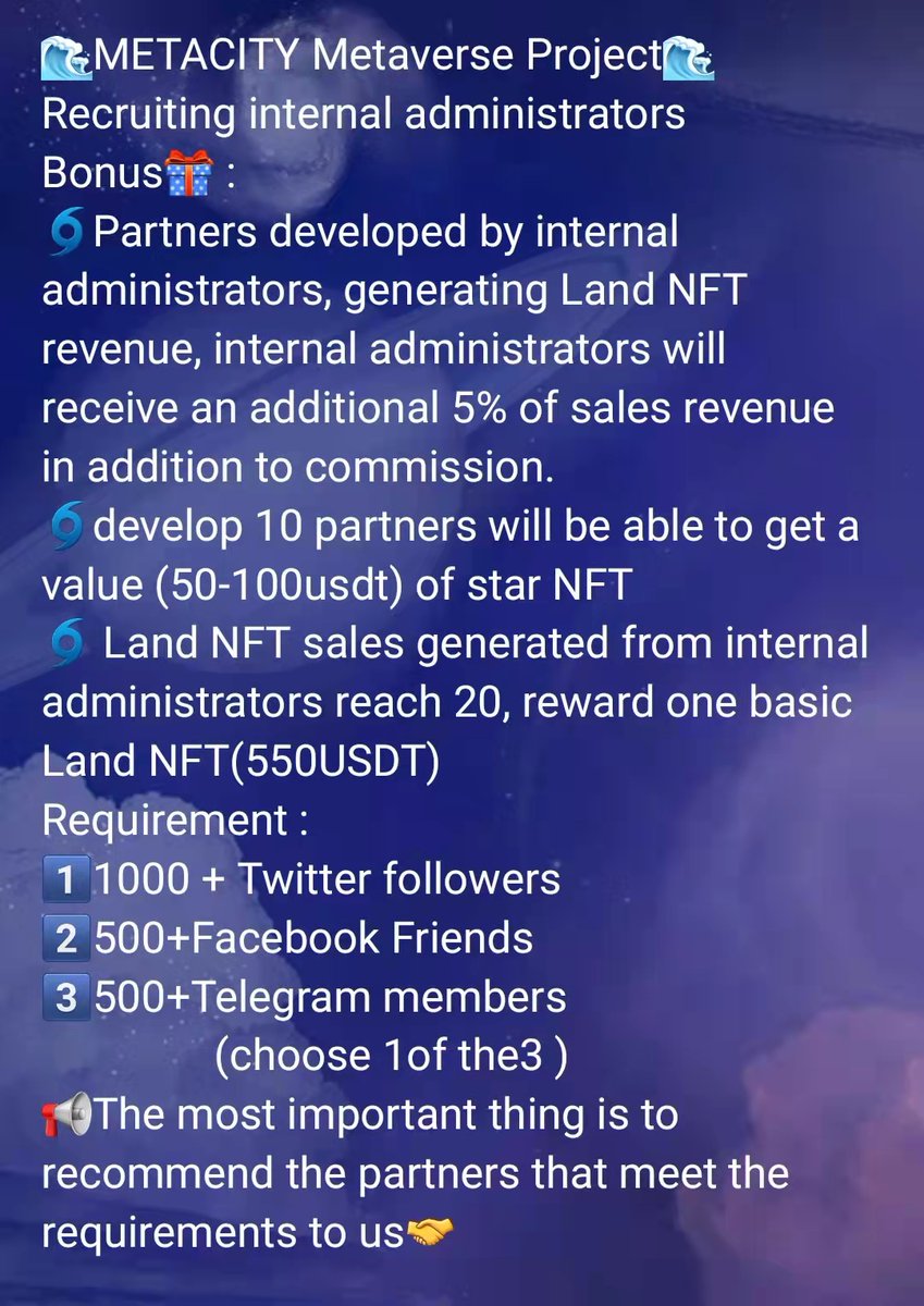 MetaCity2077's tweet photo. In addition to recruiting partners, now there is an additional benefit for everyone, become a #metacity internal admin, refer eligible partners to us, you will have the opportunity to get $550 worth of land nft and celebrity #nft, please contact admin
(https://t.co/jvexyYMG8x) https://t.co/W3wQoob8sp