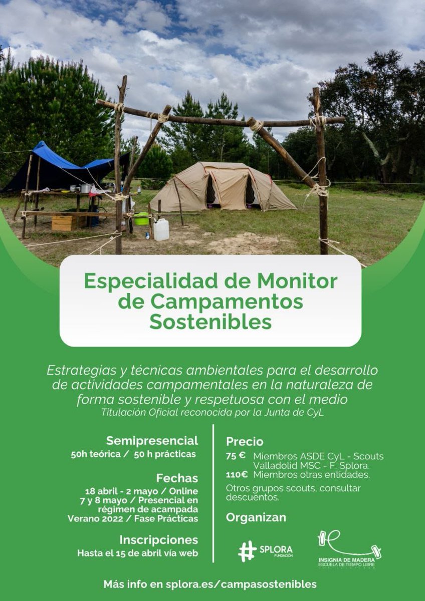 EtlimCyL's tweet photo. Especialidad de Monitor de Campamentos Sostenibles. Inscripción e información en https://t.co/0fwT9gLfvg #formacion #escultismo #scouts https://t.co/HFJoAKviLD