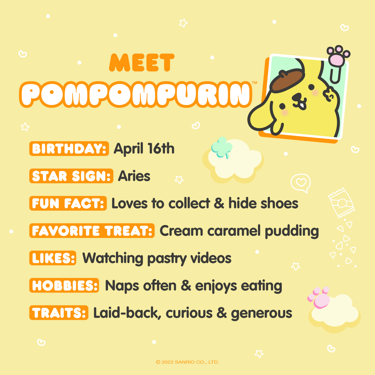sanrio's tweet image. April is going to be super sweet because #Pompompurin is our Friend of the Month! 🐶💛 
Here are some fun facts about this laid-back pup!🐾