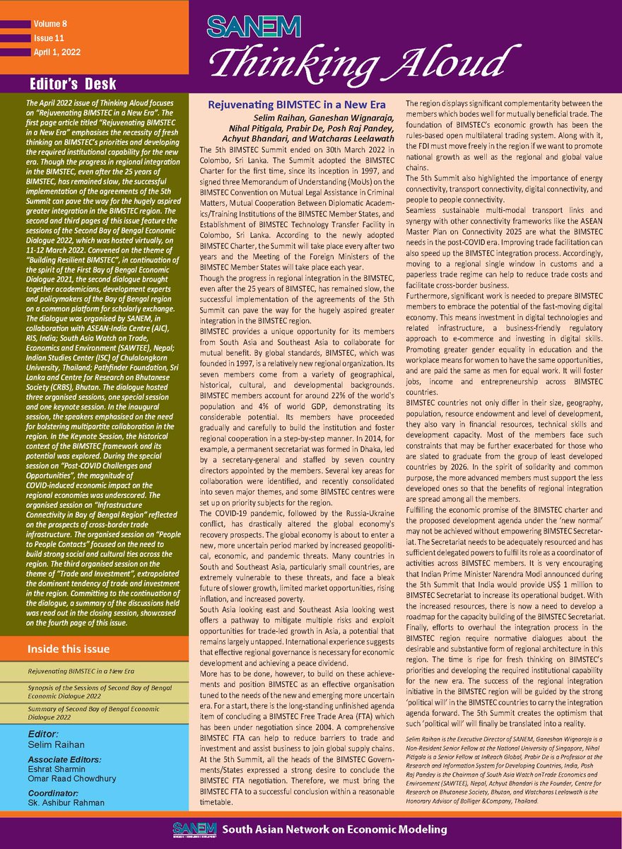 Selim Raihan (@selimraihan) on Twitter photo April 2022 issue of SANEM Thinking Aloud presents “Rejuvenating BIMSTEC in a New Era” & report on 2nd Bay of Bengal Economic Dialogue, 11-12 March 2022 sanemnet.org/vol-viii-issue…
<a href="/Prabir_India/">PRABIR DE</a> <a href="/BimstecInDhaka/">BIMSTEC</a> <a href="/MEAIndia/">Randhir Jaiswal</a> <a href="/Sachin_Chat/">Sachin Chaturvedi</a> <a href="/Chutintorn_Sam/">Chutintorn Sam Gongsakdi</a> <a href="/bhatia_rk/">Rajiv Bhatia</a> <a href="/Sanjay_1818/">Sanjay Kathuria</a> <a href="/sanemnet/">SANEM</a> April 2022 issue of SANEM Thinking Aloud presents “Rejuvenating BIMSTEC in a New Era” & report on 2nd Bay of Bengal Economic Dialogue, 11-12 March 2022 sanemnet.org/vol-viii-issue…
<a href="/Prabir_India/">PRABIR DE</a> <a href="/BimstecInDhaka/">BIMSTEC</a> <a href="/MEAIndia/">Randhir Jaiswal</a> <a href="/Sachin_Chat/">Sachin Chaturvedi</a> <a href="/Chutintorn_Sam/">Chutintorn Sam Gongsakdi</a> <a href="/bhatia_rk/">Rajiv Bhatia</a> <a href="/Sanjay_1818/">Sanjay Kathuria</a> <a href="/sanemnet/">SANEM</a>