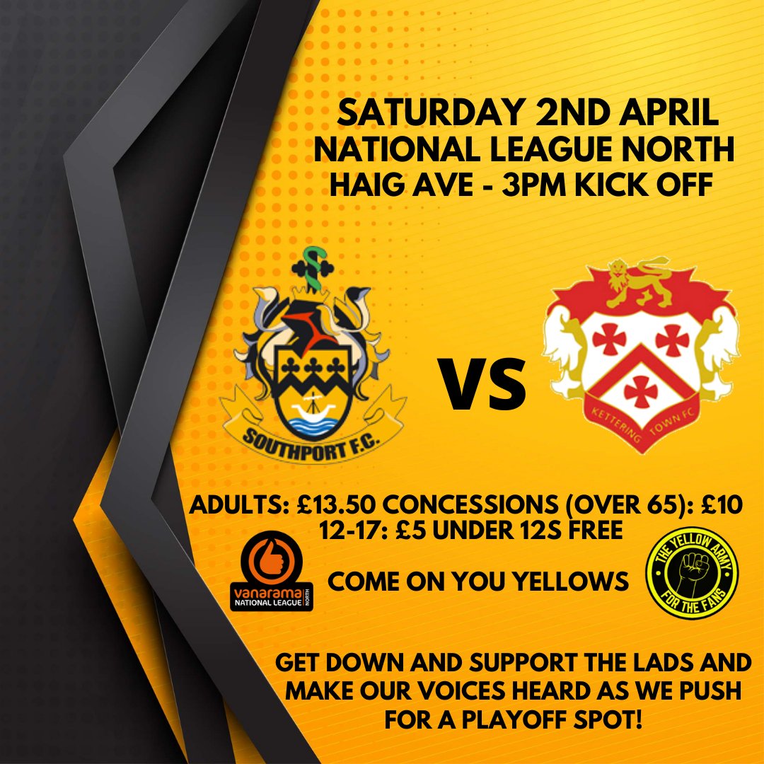 Friday done, Ready for tomorrow?

ℂ𝕆𝕄𝔼 𝕆ℕ 𝕐𝕆𝕌 𝕐𝔼𝕃𝕃𝕆𝕎𝕊 🟡⚫️

🎟️Tickets: bit.ly/3vmZpwA
🟡<a href="/southport_fc/">Southport Football Club</a>