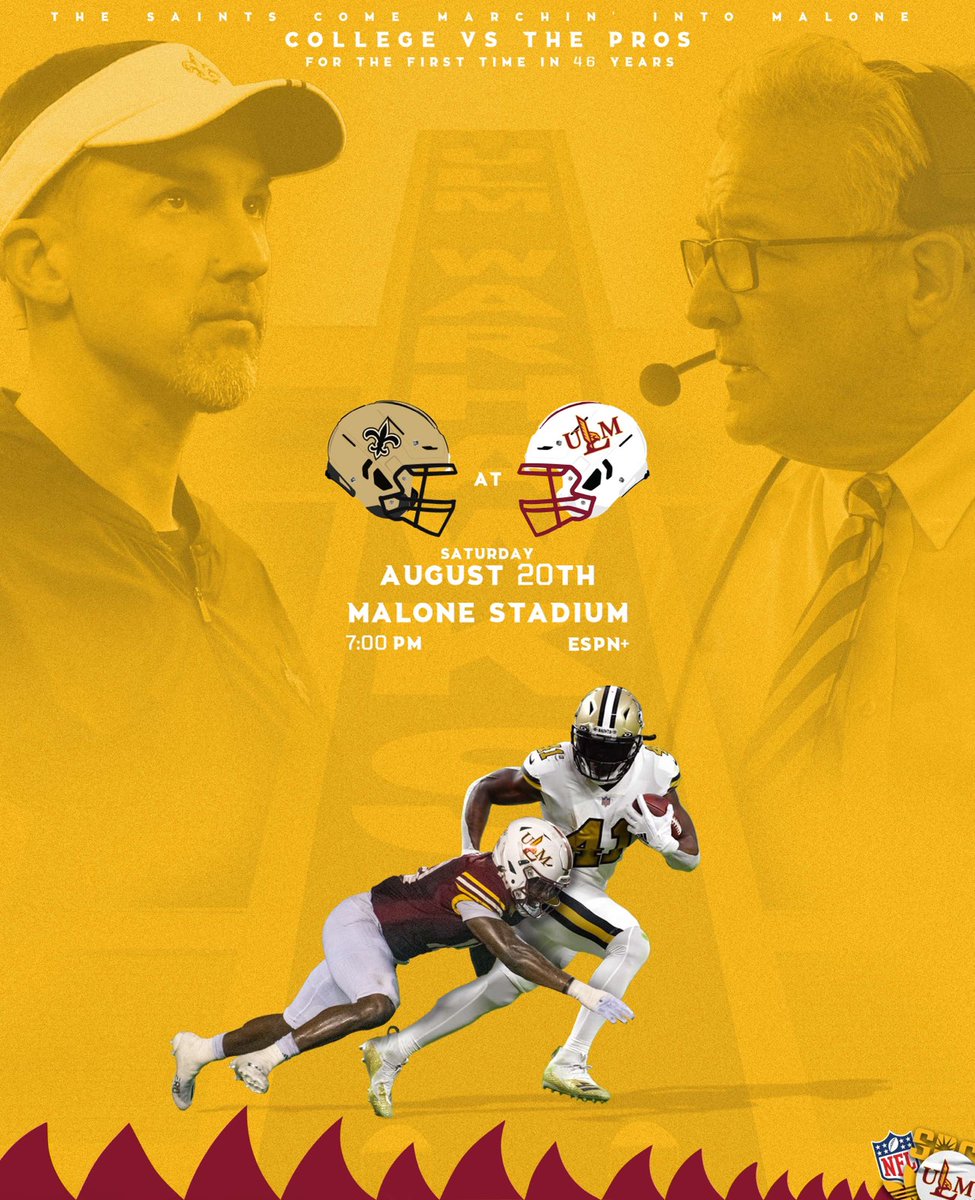 ULM_FB's tweet photo. 𝗠𝗔𝗞𝗘 𝗣𝗟𝗔𝗡𝗦 𝗧𝗢 𝗕𝗘 𝗜𝗡 𝗠𝗢𝗡𝗥𝗢𝗘 𝗪𝗛𝗘𝗡 𝗧𝗛𝗘 𝗦𝗔𝗜𝗡𝗧𝗦 𝗖𝗢𝗠𝗘 𝗠𝗔𝗥𝗖𝗛𝗜𝗡𝗚 𝗜𝗡𝗧𝗢 𝗠𝗔𝗟𝗢𝗡𝗘 𝗦𝗧𝗔𝗗𝗜𝗨𝗠
@Saints @NFL  
#TheBestIsOnTheBayou #CollegevsPros #SunBeltFB https://t.co/RrgCk2fShX