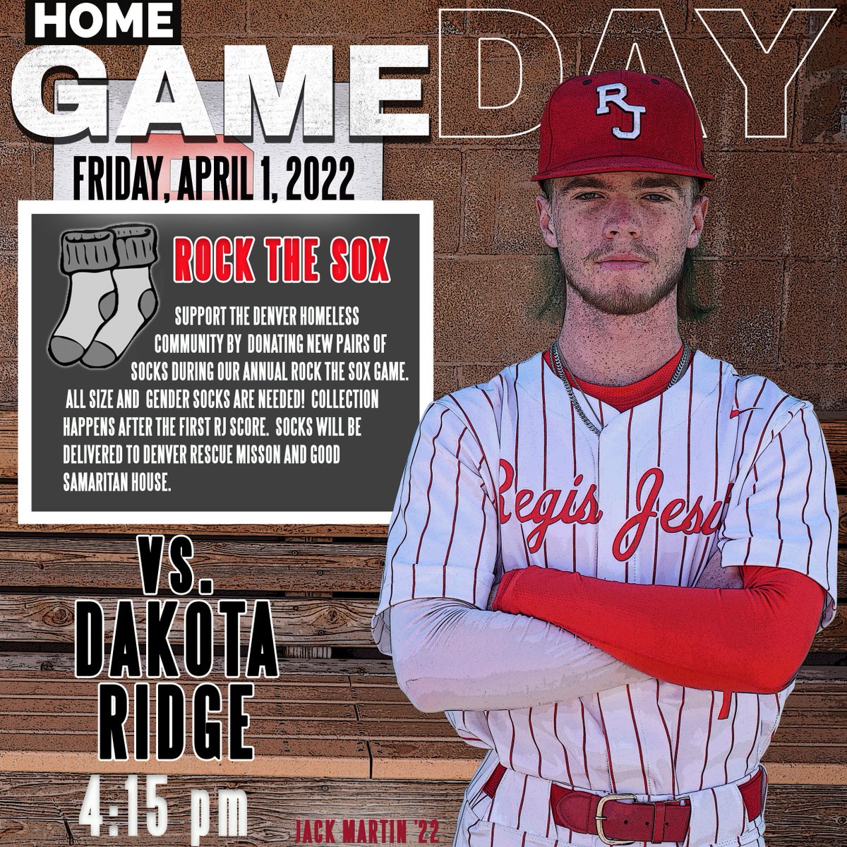 RegisJesuitHS's tweet photo. TONIGHT: Come out for spring ball and bring a pair of new socks for RJ Baseball's Rock the Sox game. Donations will be delivered to Samaritan House and the Denver Rescue Mission. #RootfortheRaiders as they take on Dakota Ridge and show how #RJCares! #WithandForOthers #GoRaiders https://t.co/Xgnf88asNY
