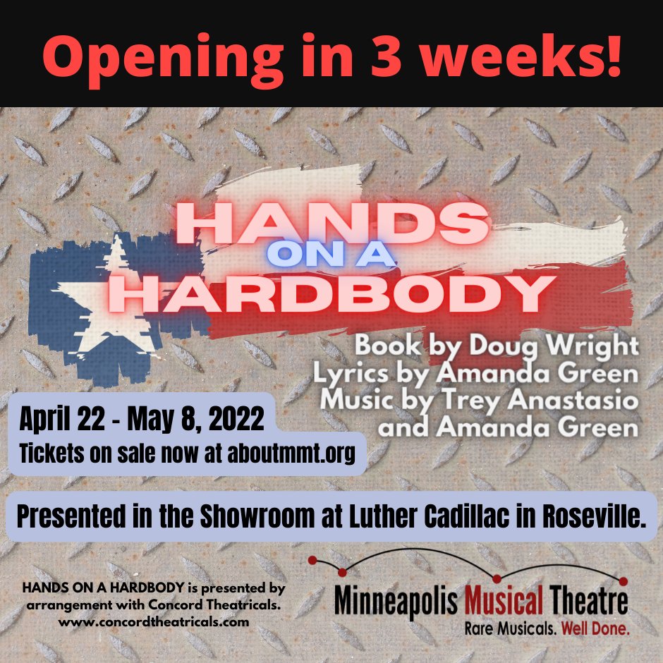 Opening 3 weeks from today - the only musical in town starring a Nissan pickup truck AND 18 amazing human actors! NO FOOLING! Hands on a Hardbody performs Apr. 22-May 8, 2022. Get your tickets today at aboutmmt.org. 
#Minneapolis #Musical #Theatre #MMTHardbody
