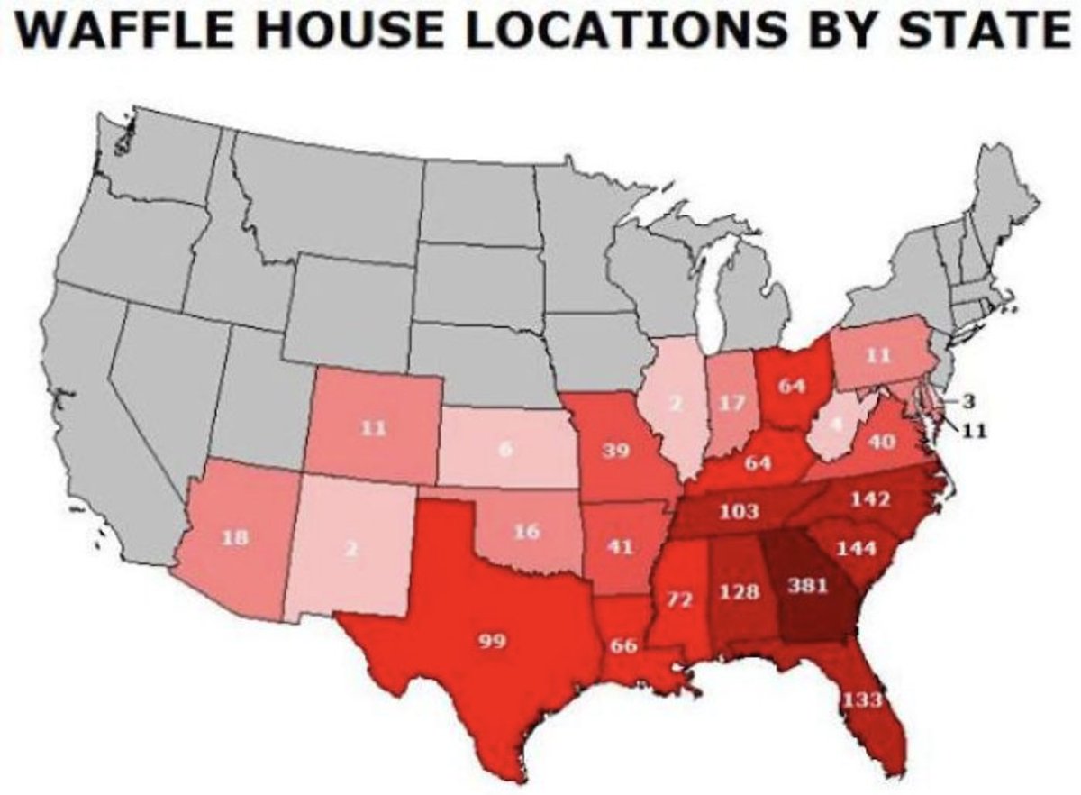 CofcGeography's tweet photo. Our Map of the Week details Waffle House locations by state. Do you think there are any cultural contours that determine their location choices? https://t.co/gYdEqixAyB