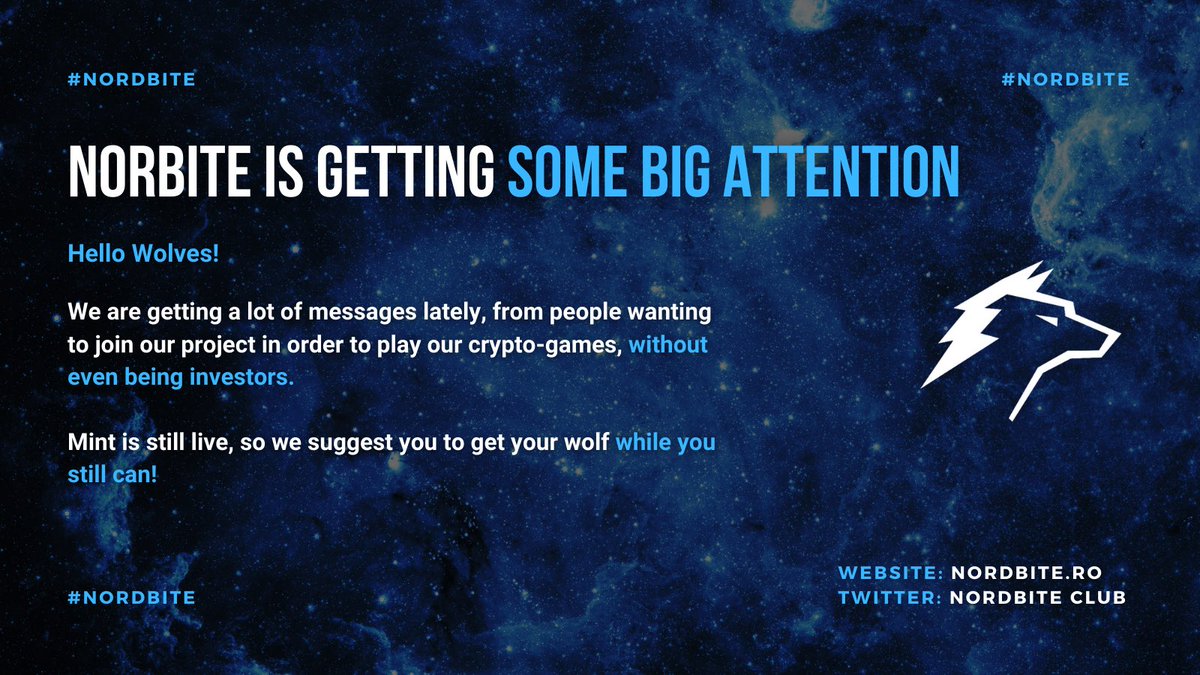 nordbite's tweet photo. Hello Wolves!

We are getting a lot of messages lately, from people wanting to join our project in order to play our crypto-games, without even being investors. 

Mint is still live, so we suggest you to get your wolf while you still can!

#nordbite #ElrondNetwork #NFTs https://t.co/1K54nifhXs
