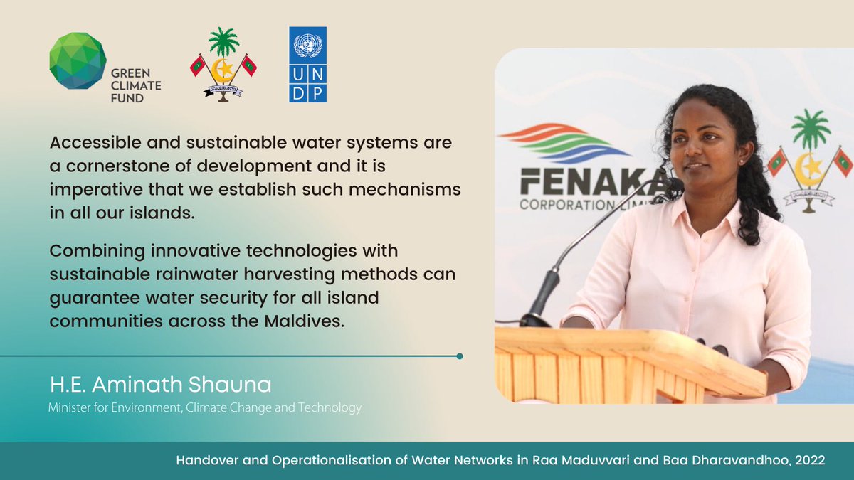 UNDPMaldives's tweet photo. .@MoEnvmv Minister, Aminath Shauna at today’s events marking the handover &amp; operationalisation of @theGCF water networks in Raa Maduvvari &amp; Baa Dharavandhoo. 

This is a @theGCF project led by @MoEnvmv &amp; supported by @UNDPMaldives to increase water security of all islands in 🇲🇻. https://t.co/yiM1sCjpX7