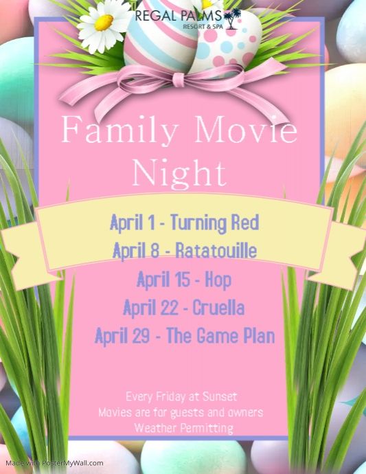RegalPalmsClub's tweet photo. April is Here 🎀
See below our Poolside Movie Night schedule for this month.
See You There! 😀

#regalpalmsflorida #regalpalms #regalclubhouse #familyfun #floridavacation #floridaliving #orlandovacation #kidsclub #crafttime #instatravel #DIY https://t.co/A9cfPCVl88