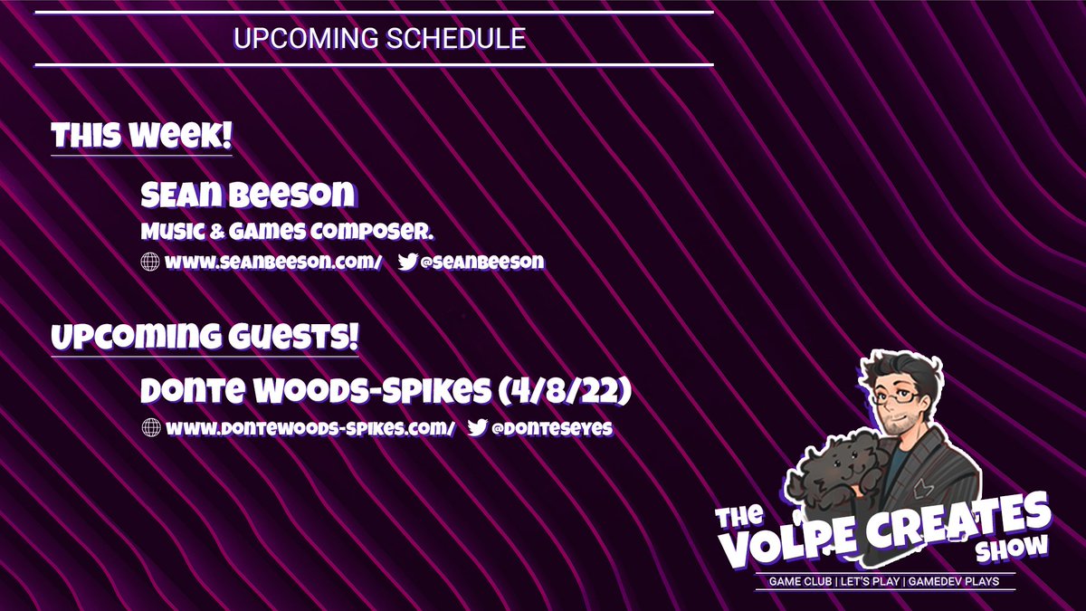 VolpeCreates's tweet photo. Our chat with Sean Beeson (@SeanBeeson) is coming up in 1 hour at https://t.co/8ynzqR29dc!

Come join us, ask questions, and have a good time. https://t.co/Uo5Xj1laFI