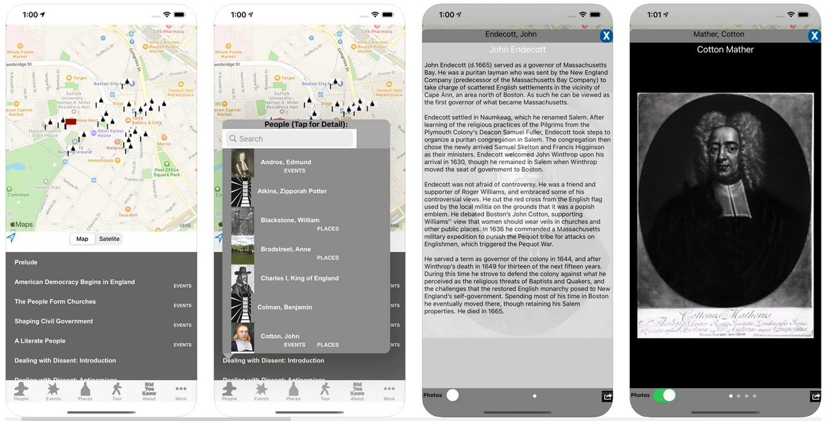 Folks in Boston for the #OAH2022 #OAH22, if you want free tours of Boston's early history, download the free app (for iOS and Android) that helped develop for the Congregational Library & Archives: Puritan Boston Tests Democracy. 
w3.salemstate.edu/~ebaker/books_…