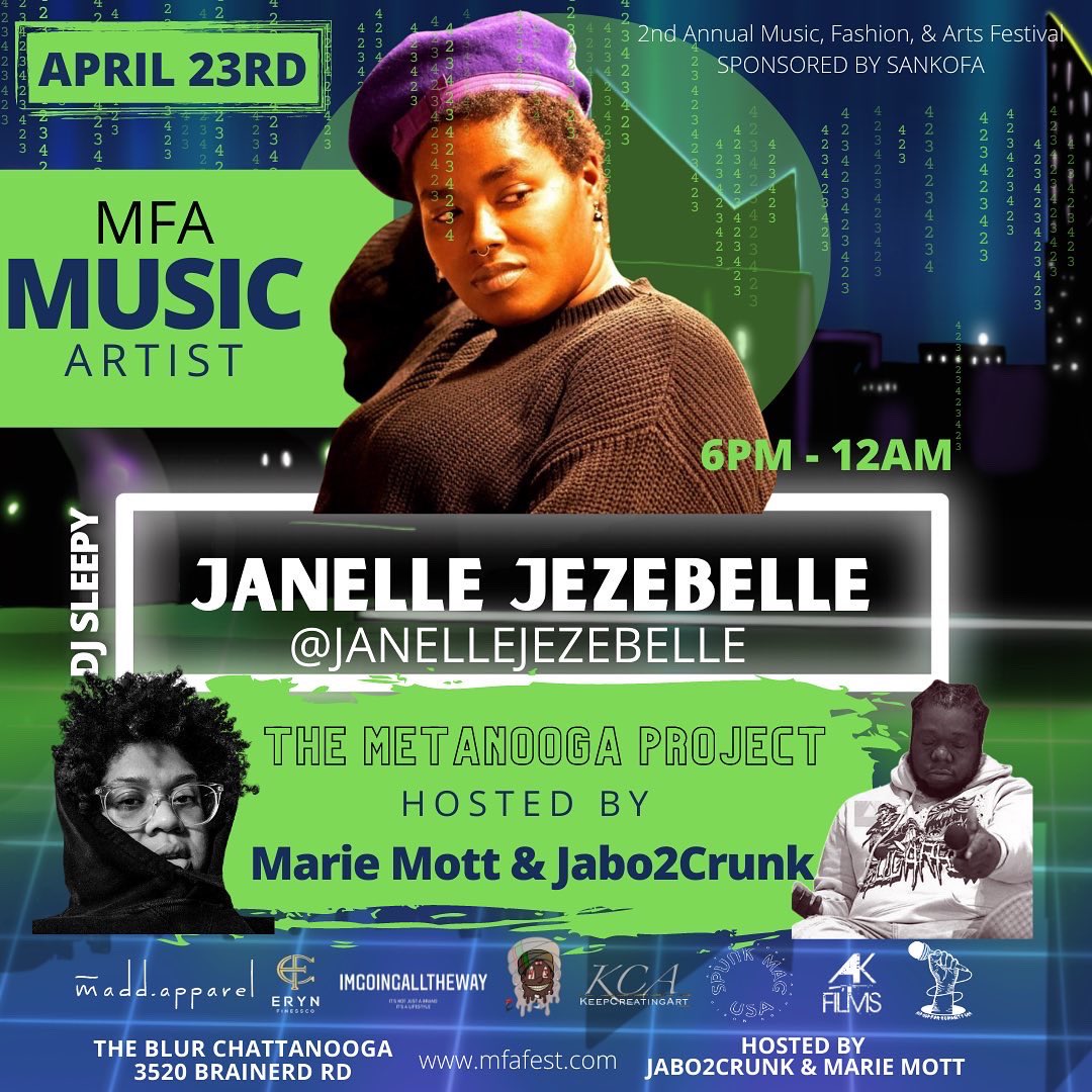 mfafest's tweet photo. [ MUSIC ] 

Welcome to #MetaNooga Tennessee, Your MFA Music Artist @janellejezebelle Will Be Performing Live At The 2nd Annual @MfaFest‼️

Hosted By @4two3marie &amp; @Jabo2Crunk 

Sound Control by @eyeamsleepy 

Sponsored By @sankofafundcha 

#423DAY #MFAFest #423Booming https://t.co/KgKgEvgp2c