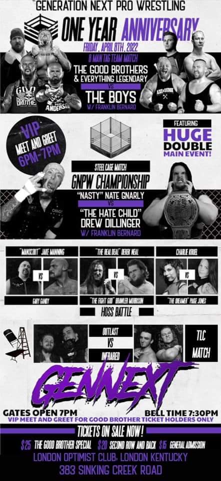 CynCityTStevens's tweet photo. @Gnextpro coming in hot in London, KY on April 8th! Come see @realgarygandy @NGnarly @hernamescharlie @HisBethMyDog90 @HollywoodSwayze @EverythingSledd @legendoflarryd @Dillinger_exe @The_BigLG @MachineGunKA AND many more! https://t.co/LKMnQaH2z2
