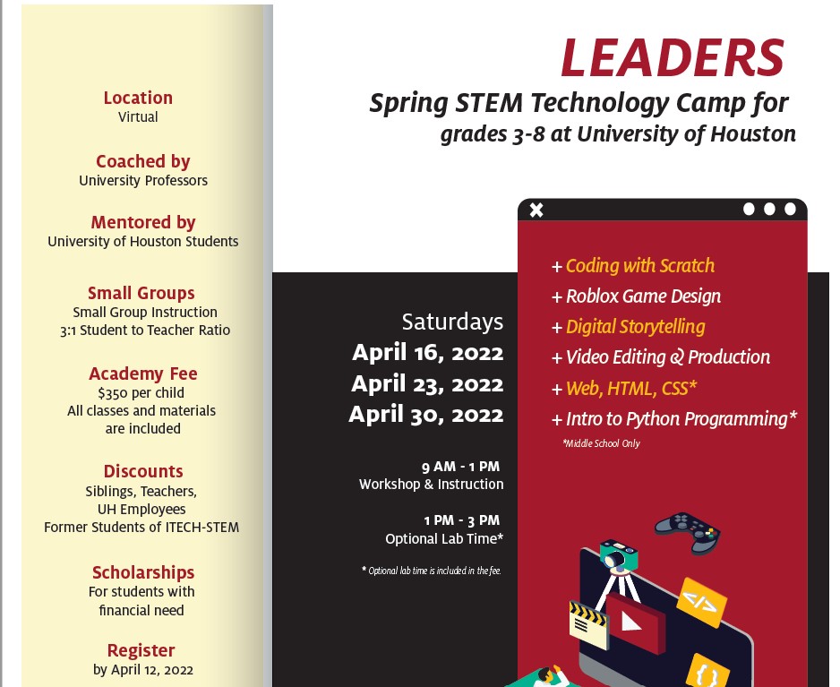 Tonya B Davis (@tonyabd1212) on Twitter photo LEADERS - Learn Engage Develop Efficiently through Research and Service STEM camp
SCHOLARSHIPS available!
<a href="/AldineSTEM/">AldineSTEM</a> <a href="/aliefstem/">Alief STEM</a> <a href="/HoustonISD/">Houston ISD</a> <a href="/PasadenaISD_TX/">Pasadena ISD</a> <a href="/ChannelviewISD/">Channelview Independent School District</a>
<a href="/SpringISD/">Spring ISD</a> <a href="/SheldonISD/">Sheldon ISD</a> <a href="/AngletonISD/">Angleton ISD</a> <a href="/kipptexas/">KIPP Texas Public Schools</a> <a href="/FBISDSTEM/">Fort Bend ISD STEM</a>
itechstem.org/leaders LEADERS - Learn Engage Develop Efficiently through Research and Service STEM camp
SCHOLARSHIPS available!
<a href="/AldineSTEM/">AldineSTEM</a> <a href="/aliefstem/">Alief STEM</a> <a href="/HoustonISD/">Houston ISD</a> <a href="/PasadenaISD_TX/">Pasadena ISD</a> <a href="/ChannelviewISD/">Channelview Independent School District</a>
<a href="/SpringISD/">Spring ISD</a> <a href="/SheldonISD/">Sheldon ISD</a> <a href="/AngletonISD/">Angleton ISD</a> <a href="/kipptexas/">KIPP Texas Public Schools</a> <a href="/FBISDSTEM/">Fort Bend ISD STEM</a>
itechstem.org/leaders