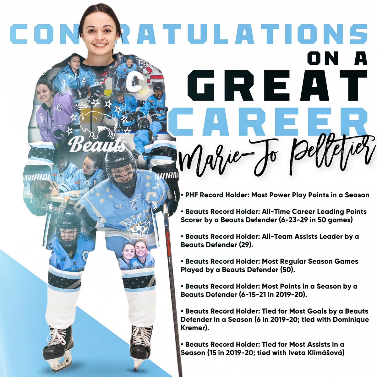BuffaloBeauts's tweet photo. From the bottom of our hearts, thank you @mj_pelletier for all that you’ve given to the #Beauts organization and to the City of Buffalo. Congratulations on your retirement! We love you, MJ! 💙

#OnceABeautAlwaysABeaut #NotoriousMJP #FortBeaut https://t.co/uHTfIsX8b9