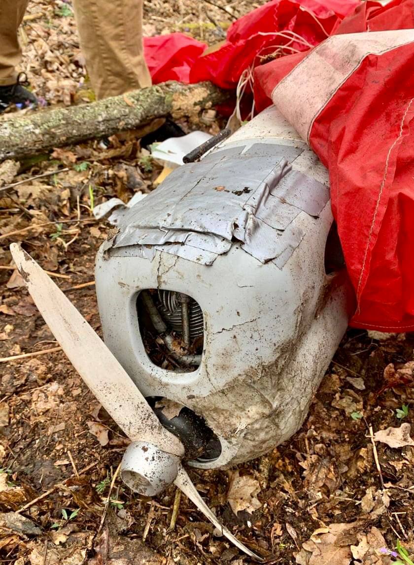 MrKovalenko's tweet photo. During 36 days of the 2nd Russian invasion, #Ukraine shot down 85 Russian UAVs. Here is one of them, Orlan-10, which was discovered in the woods in the Poltava province. The grey scotch tape on it confirms that the Russian Army lacks spare parts to fix their damaged armament. https://t.co/3uRVMT4WEt