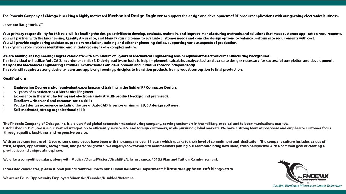 PHXofCHI's tweet photo. The Phoenix Company of Chicago is hiring a Mechanical Design Engineer!
Qualified applicants please contact: HRresumes@phoenixofchicago.com
#hiringengineers #mechanicalengineering #mechanicaldesignengineer #rfengineering #ctjobs #rfengineer #designengineer #hiringengineers #hiring https://t.co/XXyFugtQ6t