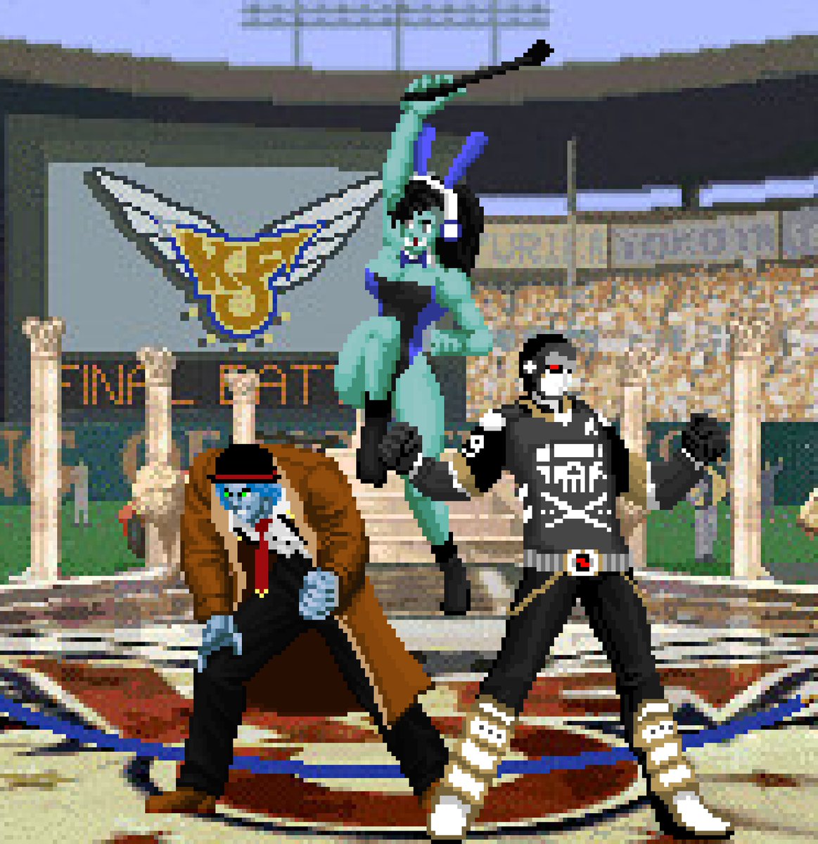 UwU_Bombahed's tweet photo. We have received an invitation to become the newest team to join the King of Fighters tournament. I, @JawlawSenpai and @IssyTwo have formed Team Specter as DLC. We look forward to thrashing people together eheh~
#DrawLaw
#IssyTwoDraw
#Bombdalism https://t.co/rVhqS73TKs