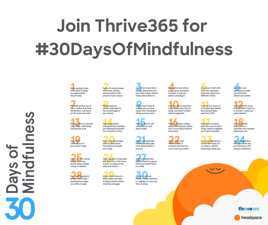 WellnessByBSWH's tweet photo. Mindfulness and meditation have been proven to have a positive impact on mental and physical health. Join Thrive365 this April for #30DaysOfMindfulness and gain tips to start or improve your mindfulness practice! https://t.co/HLVpCKNTJT