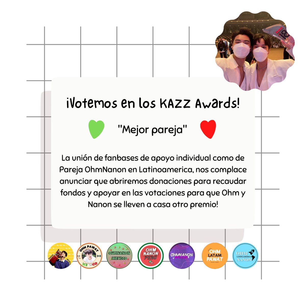 TripleNmx's tweet photo. ¡Hola!

Nos hemos unido algunos fanbases para recaudar fondos para los premios Kazz.

Por favor acércate a cualquiera de las fanbases de tu país!

📌 Cada voto tiene un costo de 30Baths ($18 pesos mxn) 

#mynameisnanon #nanon_korapat 
#คุณเอ็นของNNN #OhmNanon
#KAZZAWARDS2022 https://t.co/zRLdJByWVA