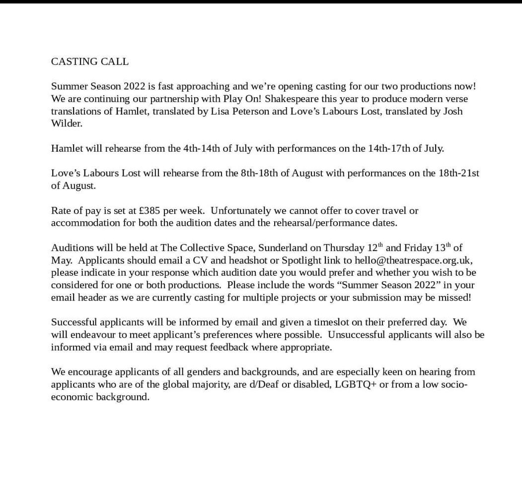 #castingcall Were looking for actors for our Shakespeare summer season! Could it be you? Closing date for applications 24th April at 5pm