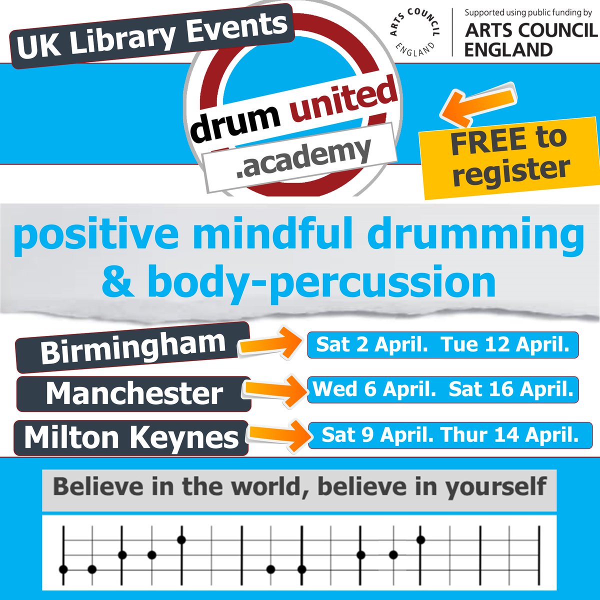 drumunited's tweet photo. JOIN-IN FOR FREE at our Library events in-person..
UPBEAT RHYTHMS with UPLIFTING MANTRA!

Register at https://t.co/KHRxttxI3T
BIRMINGHAM ~ MANCHESTER ~ MILTON KEYNES
@LibraryofBham ~ @MancLibraries ~ @MKLibraries

Music Hubs - Please share:
@OneEdMusic ~ @SFE_MS ~ @MKMusicHub https://t.co/Xfv78M83Rf