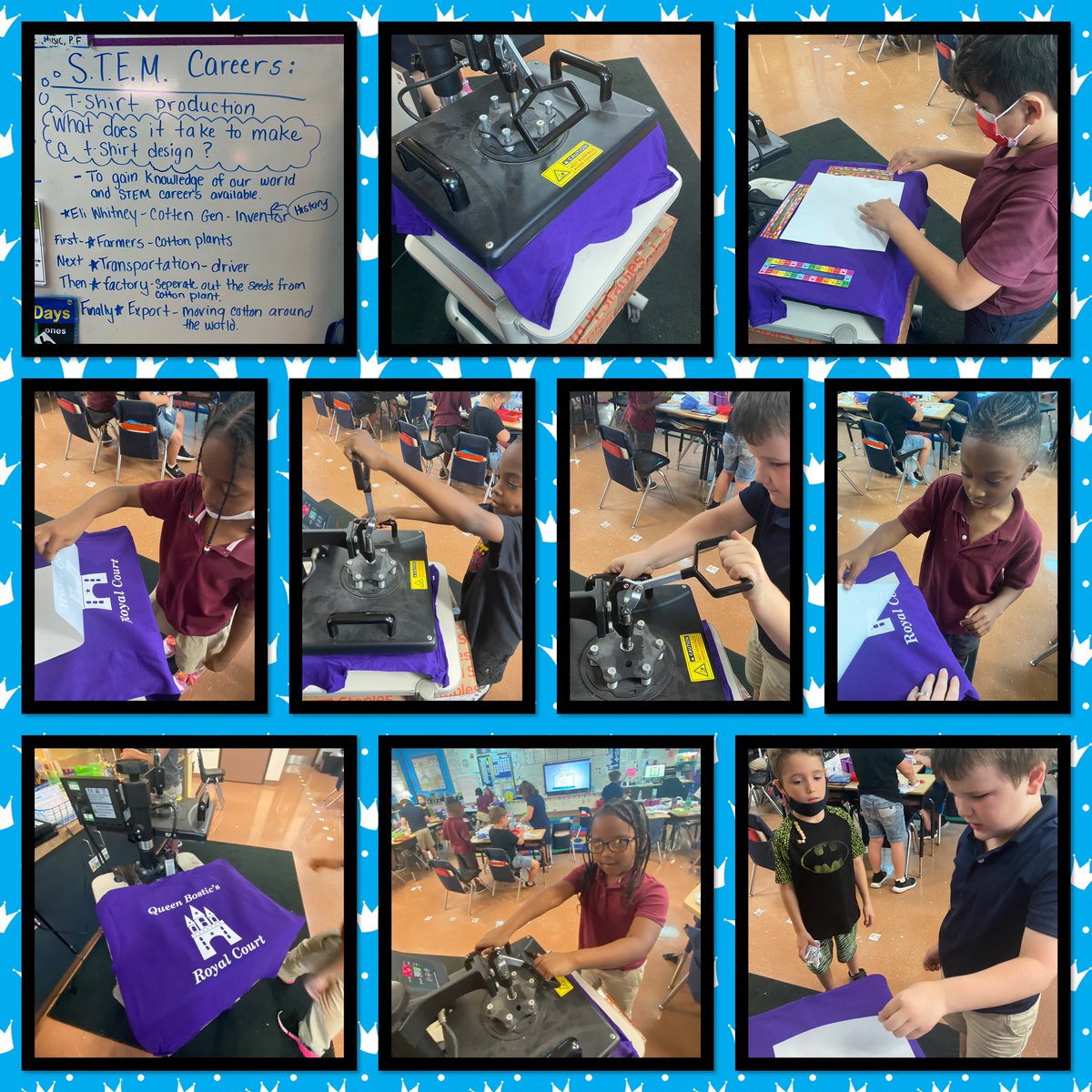 QueenBostic7's tweet photo. Our first grade class lesson on industry and STEM careers with some fun research leads to students taking ownership of their learning @TurnerBartelsK8 our class pressed their own shirts for field day today. @Area3STEM @JeremeMonette @HillsboroughSch @HCPSCTAE @CTE_Director. https://t.co/JWHJZvx879