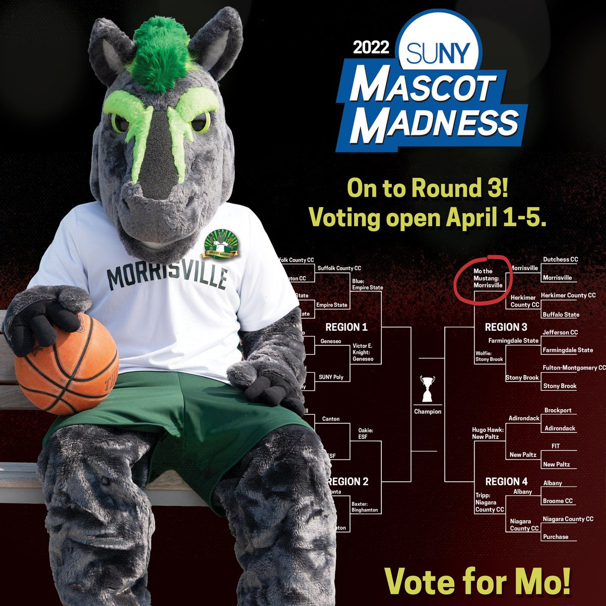 sunymorrisville's tweet photo. No joke: Round 3 of the SUNY Mascot Madness Tournament begins today! Voting is now open, be sure to #VoteForMo in Region 3 by clicking on the link https://t.co/jB75uMZJEE and confirming the vote in your email. #GoMo https://t.co/yzOKyjCiYP