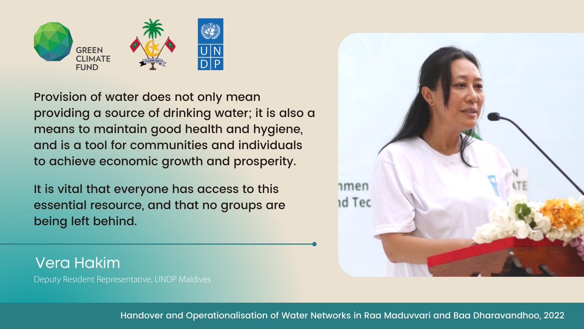 UNDPMaldives's tweet photo. .@UNDPMaldives Deputy Resident Rep., Vera Hakim at today’s events marking the handover &amp; operationalisation of water networks in Raa Maduvvari &amp; Baa Dharavandhoo. 

This is a @theGCF project led by @MoEnvmv &amp; supported by @UNDPMaldives to increase water security across 🇲🇻. https://t.co/sqWgoNBKsx