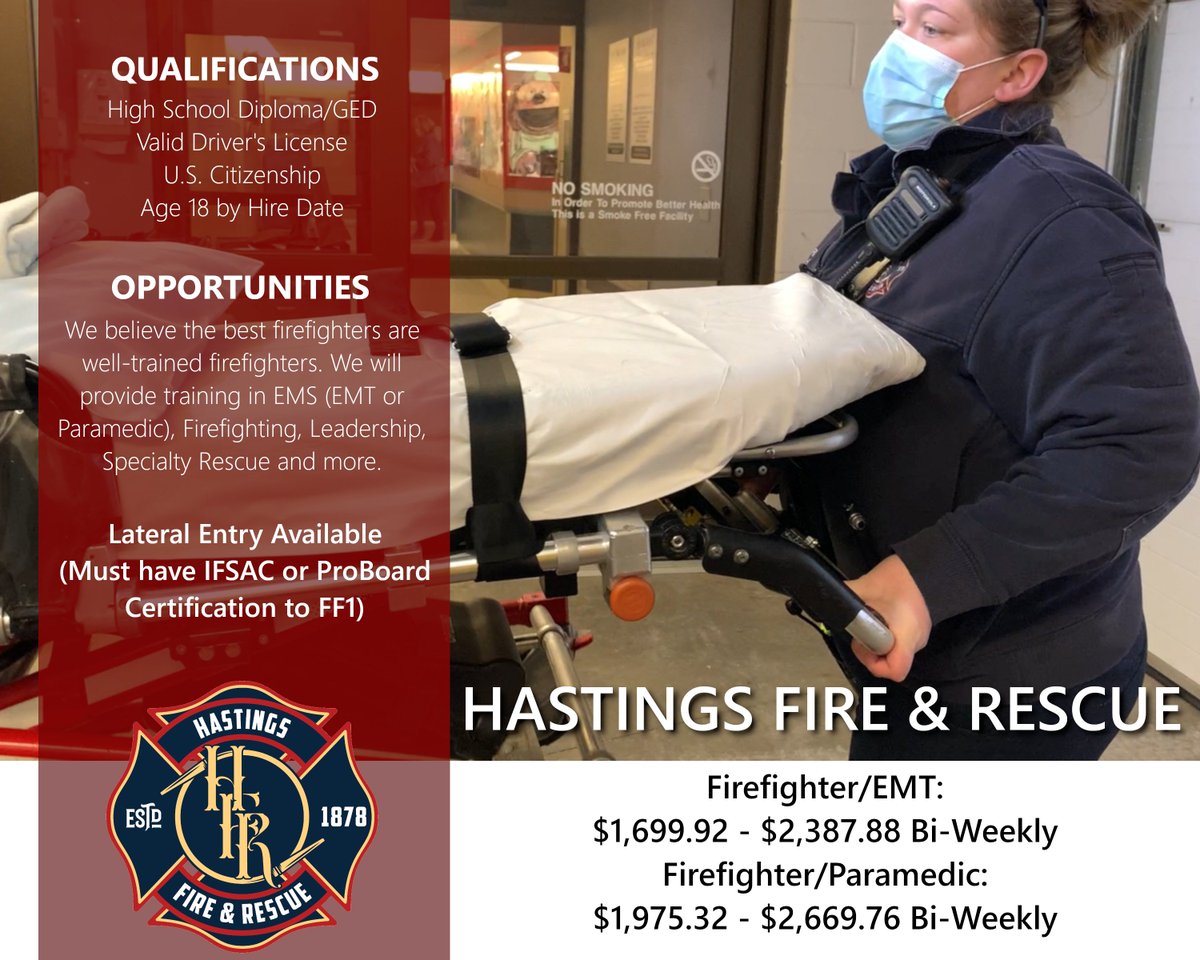 As first responders, we have the honor of working with some of the greatest organizations in the city and county, including area hospitals, police, emergency management, and many more.

Apply today at cityofhastings.org/fire