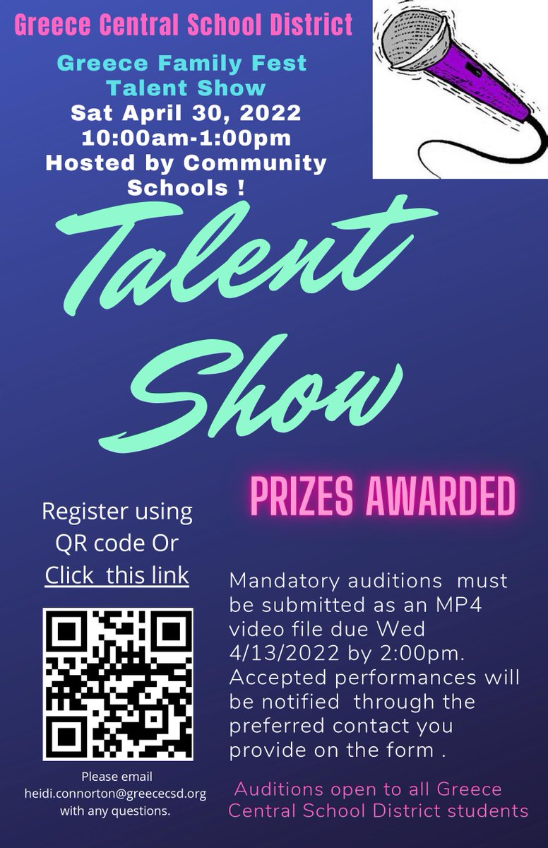 GreeceCSDMusic's tweet photo. Calling all performers! It's time for you to showcase your talent! Auditions are due April 13th #showyourskills #greecetalentshow #showyourtalent #greecefamilyfest https://t.co/fsFACt8c5X