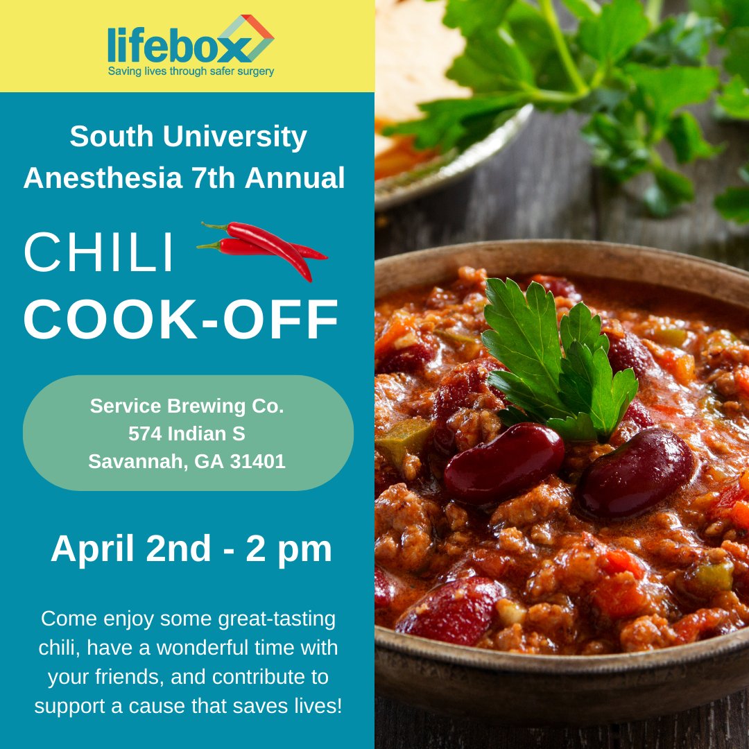 SaferSurgery's tweet image. #Savannah and beyond, come join Lifebox @SaferSurgery and @SouthU Anesthesia for the 7th Annual Chili Cook-Off tomorrow, April 2nd, at 2 PM at @ServiceBrewing. Bring a friend and help raise critical funds for safer #surgery and #anesthesia.

RSVP &amp;amp; donate➡️chilicookoff2023.com