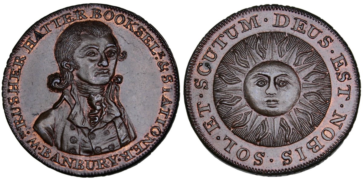 numismagram's tweet photo. Check out this sunny trade token from Oxfordshire. Issued circa 1790, it's a great way to close out the week...and also alert you that our new April inventory is now active! ➡️$295⬅️ https://t.co/qHGqUVzAyc #numismatics #exonumia #condertokens https://t.co/5ry1209X82