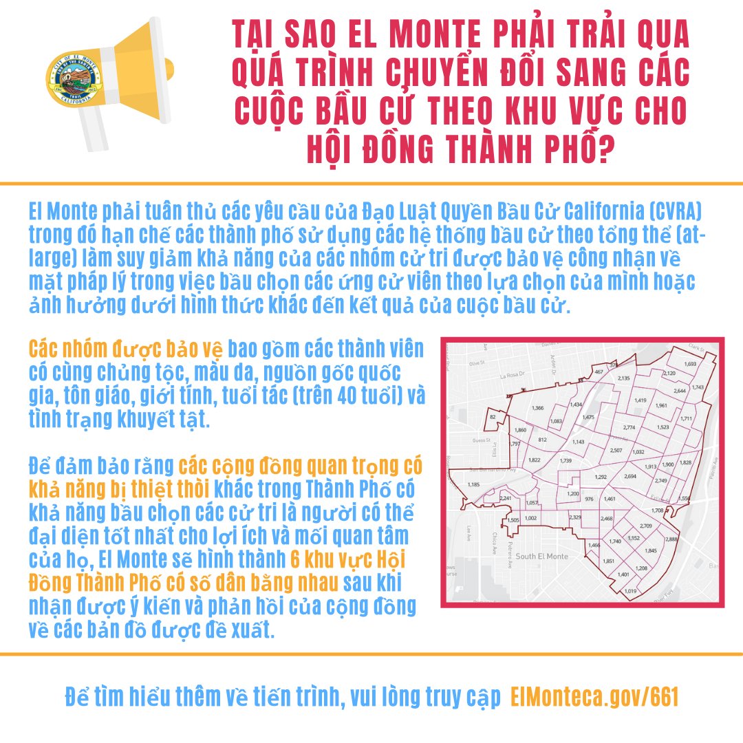 Why is El Monte undergoing the transition to district-based elections for City Council? One big reason is to align with the California Voting Rights Act. 

Learn more about the process at elmonteca.gov/661