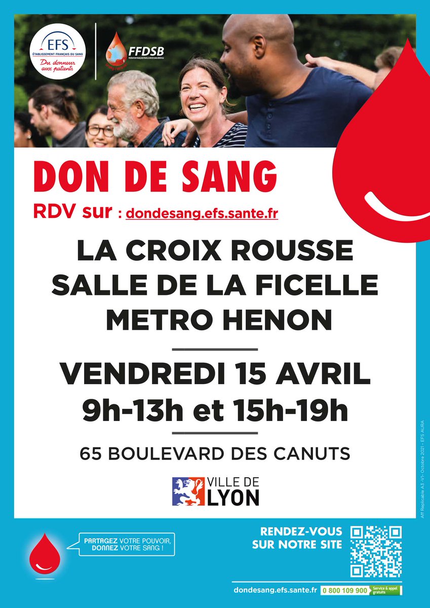 Mairie4Lyon's tweet photo. 🩸 [DON DU SANG : 15 AVRIL À LA FICELLE]
L'@EFS_dondesang est de retour à la salle de la Ficelle vendredi 51 avril prochain.
 📍Métro Hénon - 65 Bd des Canuts à #Lyon4
🕘 9h>13h &amp; 15h>19h
Prenez rdv 👉 https://t.co/vJw52rMTGt
#dondusang #croixrousse https://t.co/rTJZwhC0qM