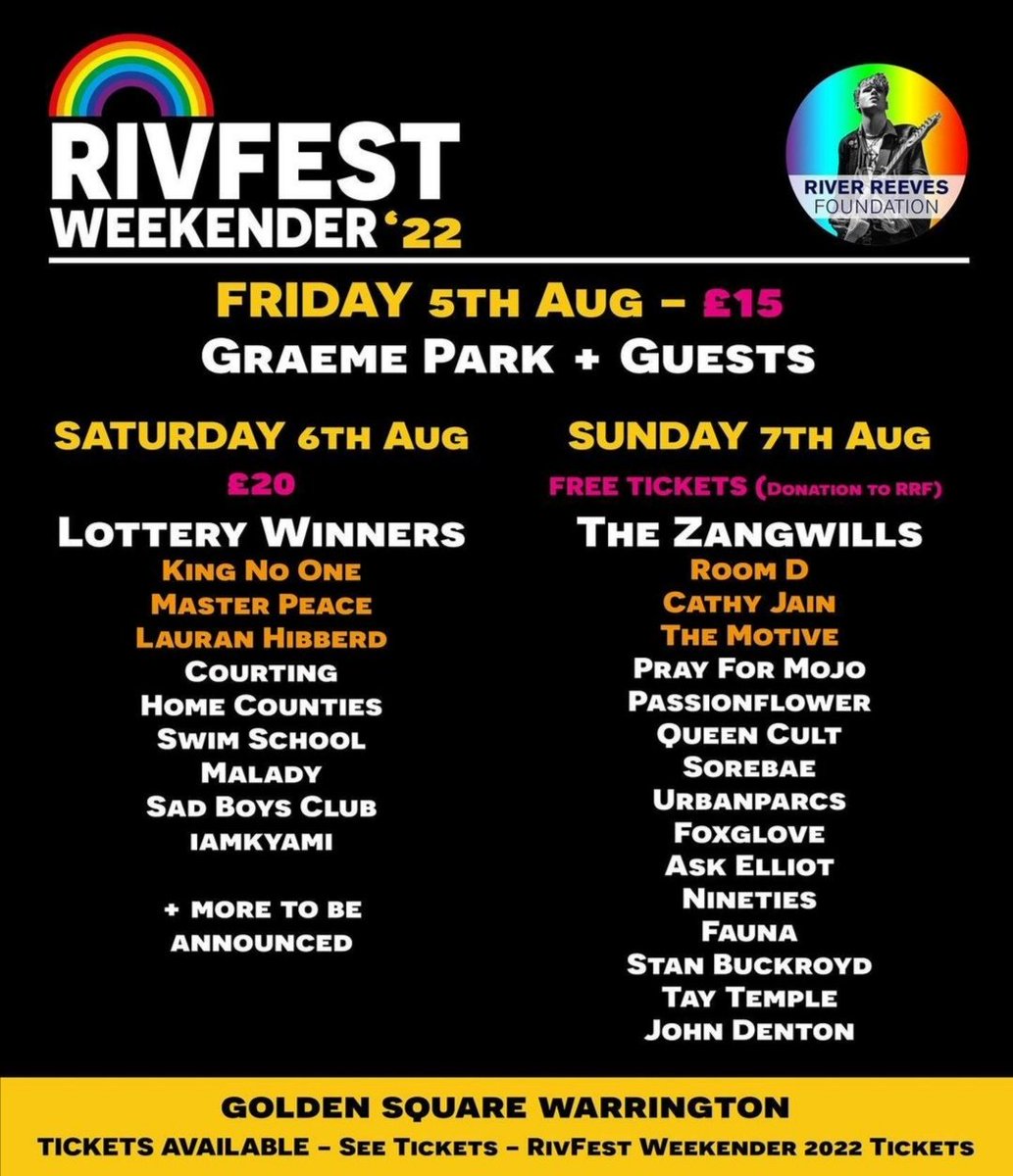 Nineties (@_ninetiesband_) on Twitter photo Pleased to announce we are play @officialrivfest to raise funds for the <a href="/RRFoundation__/">River Reeves Foundation Remembered</a> which provides bursaries for young creatives in memory of River and his band Viola Beach Pleased to announce we are play @officialrivfest to raise funds for the <a href="/RRFoundation__/">River Reeves Foundation Remembered</a> which provides bursaries for young creatives in memory of River and his band Viola Beach