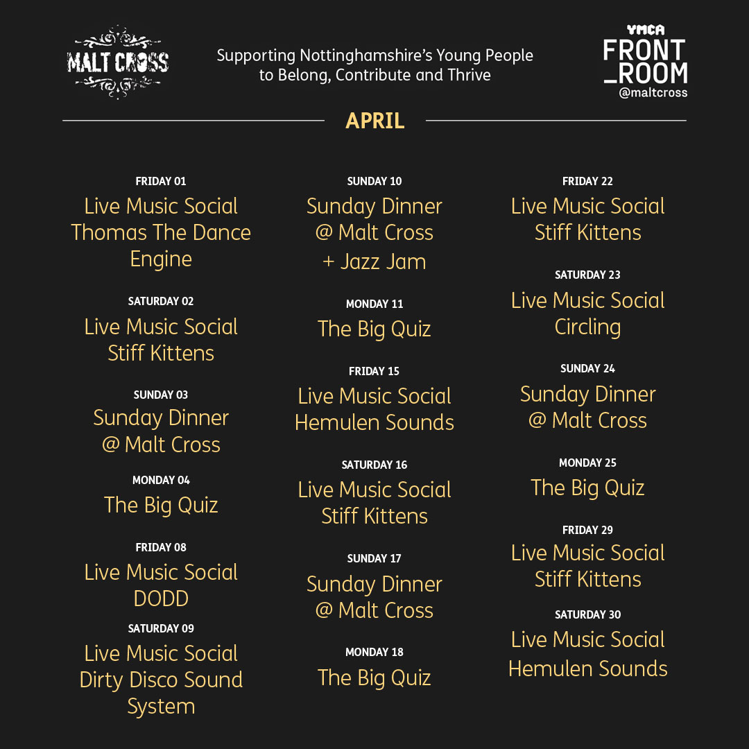 maltcross's tweet image. Coming up this April, great food and great music every weekend at Front_Room@Malt Cross, rounded off with The Big Quiz on Monday evenings!  🤩 👉  bit.ly/3yzyrTY #WeekendEssentials #Nottingham