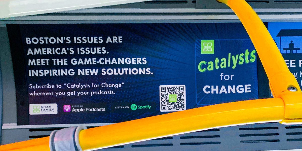 Shah_Foundation's tweet photo. Hey, those look familiar! Thank you to our podcast listeners for sending in these photos of our ads on @MBTA buses and trains across Boston! #CatalystsForChange #LastNightAtSchoolCommittee https://t.co/aDL2PeDp8i