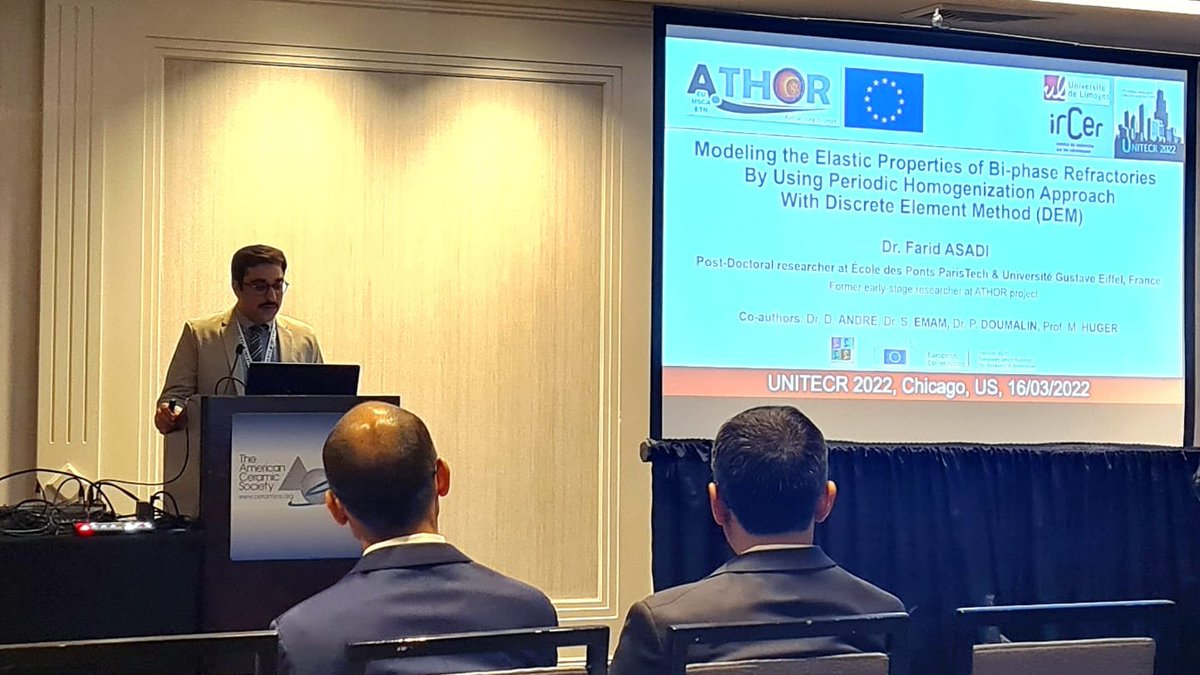 etnathor's tweet photo. Our former #ESR3 Dr. Farid Asadi attended the #UNITECR2022 conference in Chicago! 
He presented his results about "#Modeling the elastic properties of bi-phase #refractories by using periodic homogenization approach with discrete element method (#DEM)
#ATHOR #MSCA #H2020 #ACerS https://t.co/RGVnwC1E9t