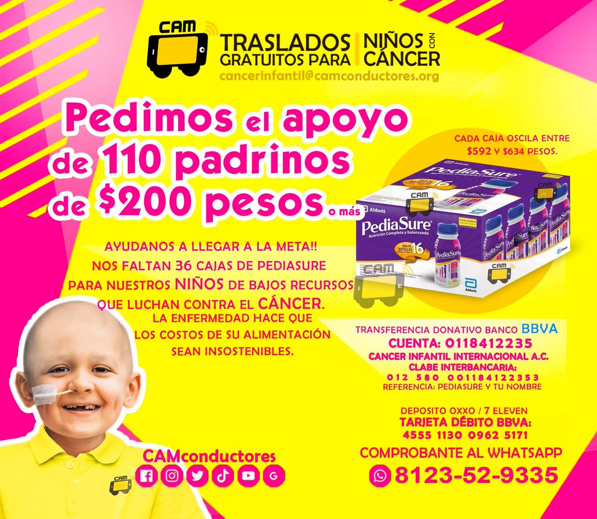 CAMconductores's tweet photo. #RT 🙏Si deseas apoyar a nuestros niños que luchan contra el cáncer envíanos tu comprobante por 
whatsapp 8123529335 👇
https://t.co/clG8SPAl0c
💳 BANCO #BBVA (Bancomer) 💳
#CUENTA: 0118412235
CANCER INFANTIL INTERNACIONAL A.C. https://t.co/Hm9XEFlGv6