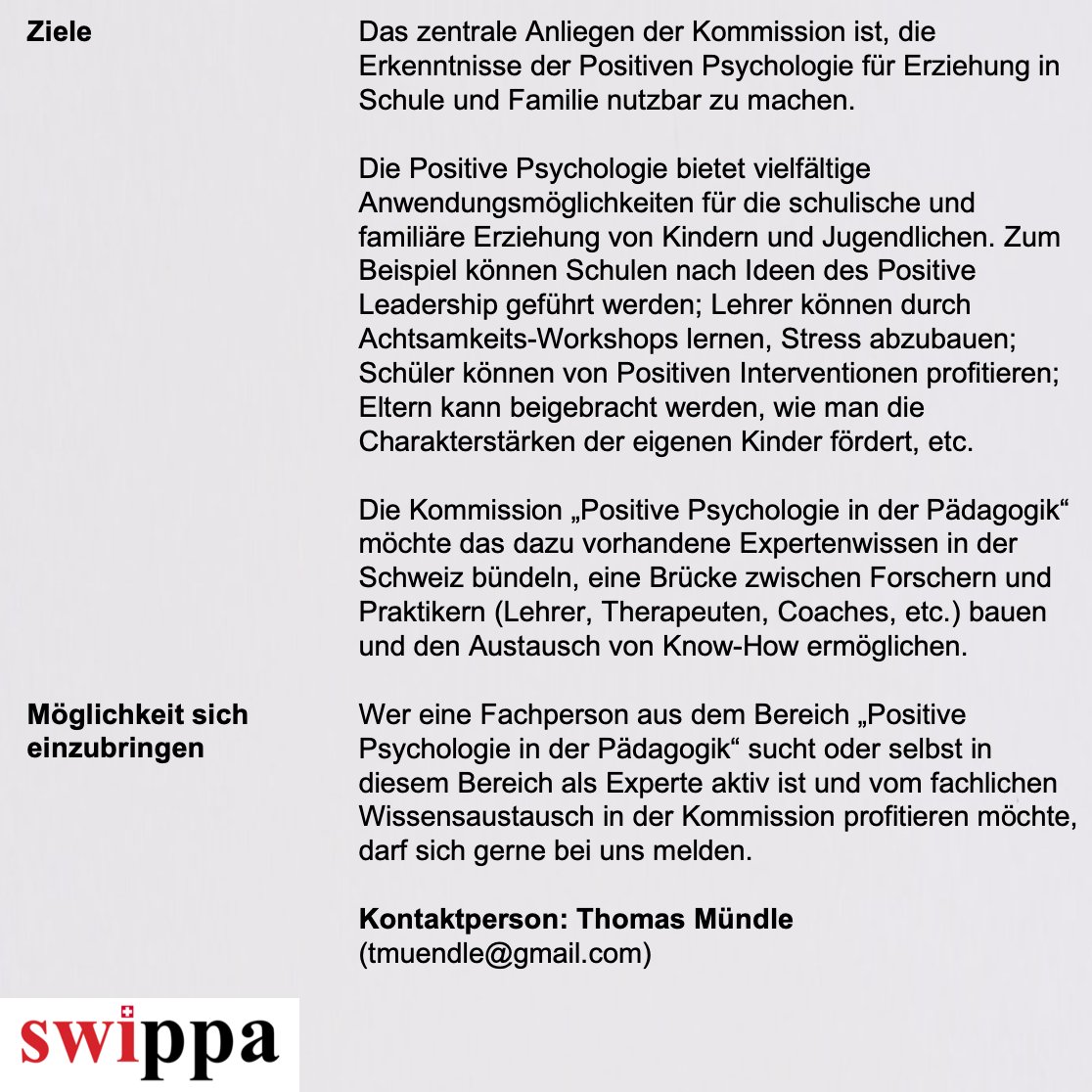 swippaCH's tweet photo. Die SWIPPA Kommission "Positive Psychologie in der Pädagogik" stellt sich vor! 📝
Wer mehr über die Kommission erfahren möchte oder sich selber einbringen will, kann sich gerne bei Thomas Mündle melden: tmuendle@gmail.com
#swippa #positivepsychologie #pädagogik #kommission https://t.co/biDUn5kByG