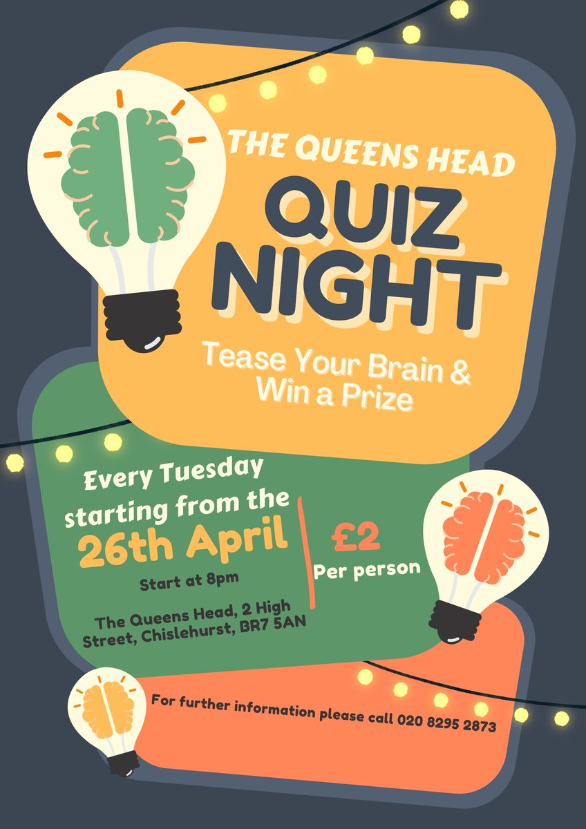 Get your team's ready 👀 
Quiz night is coming BACK to the Queens Head Chislehurst! 🧠💡🤩
The Quiz will run every Tuesday from 8pm starting on the 26th April. Cash prizes to be won for the winners 🤑😍

For more information please call us on 020 8295 2873

#pubquiz #quizmaster